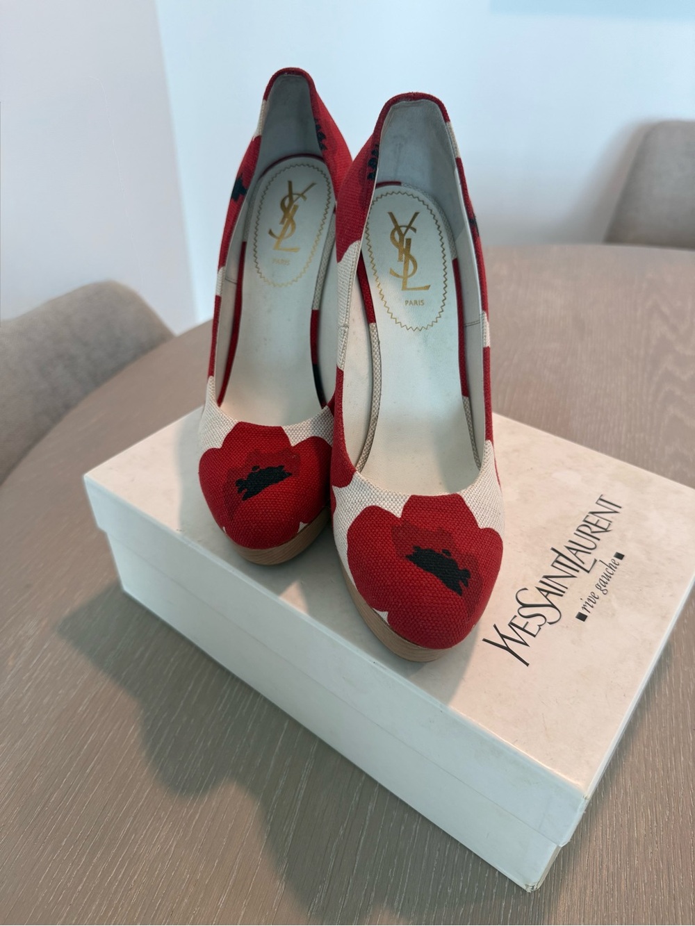 Saint Laurent Red and Cream Floral Platform Pumps